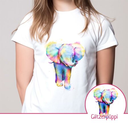 Bügelbild Aufbügler zur Eigenproduktion Aquarell Elefant Bunt