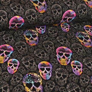 1 Reststück 0,65m Jersey Colorful Skulls auf Schwarz...