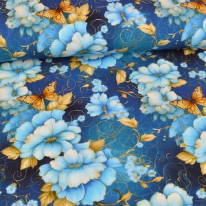 Jersey Vintage Blossoms and Butterflies Blau -...