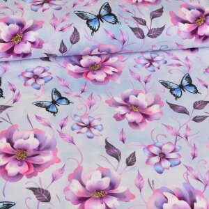 French Terry - Flowers and Butterflies Hellblau  -...