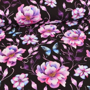 French Terry - Flowers and Butterflies Schwarz -...